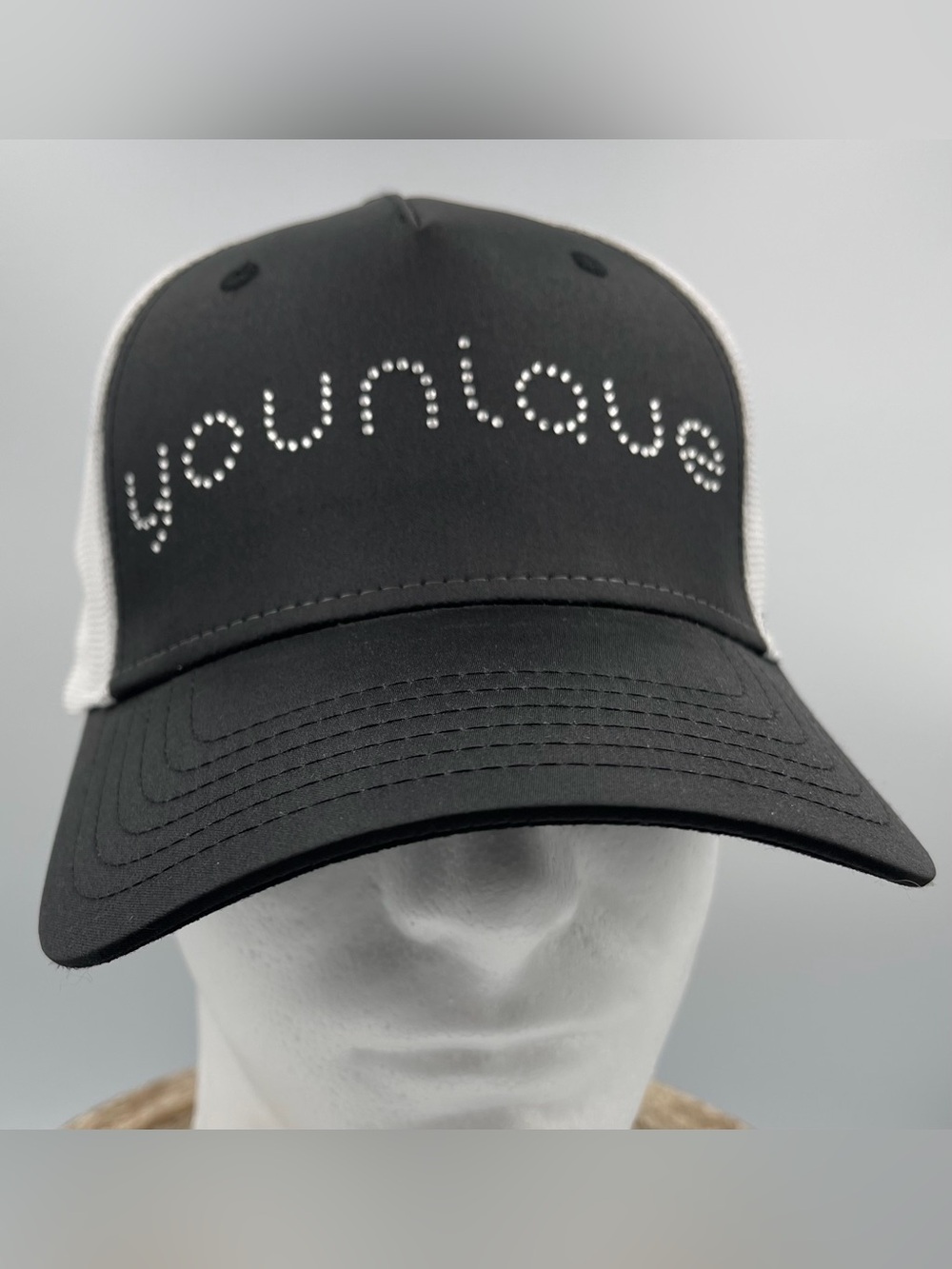 Women’s Younique Truckers Hat Black & White W/Rhinestones Adjustable NWOT